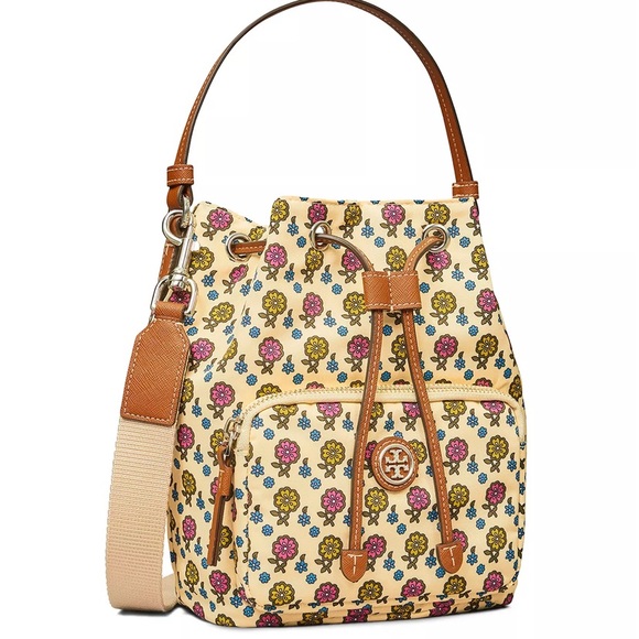 Authentic TORY BURCH leather/canvas bucket drawstring crossbody - Picture 4 of 16